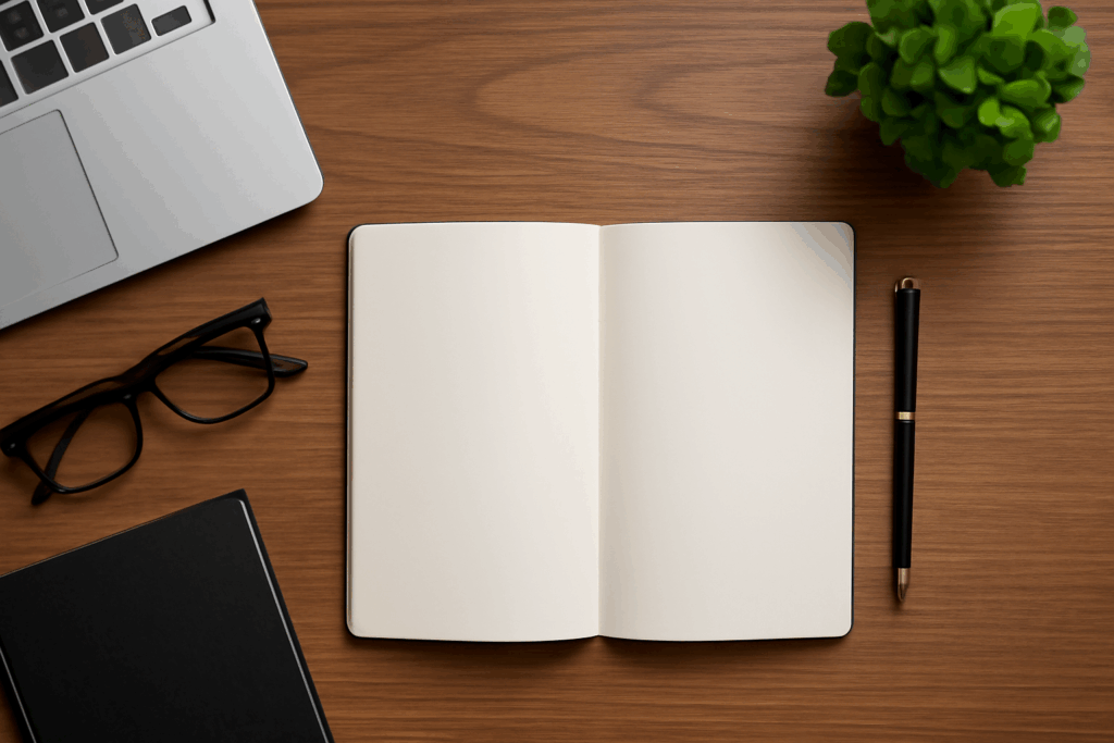 An organized workspace with an open notebook, pen, laptop, eyeglasses, and a potted plant, representing the professional and structured approach needed for formatting your MBA project at IGNOU