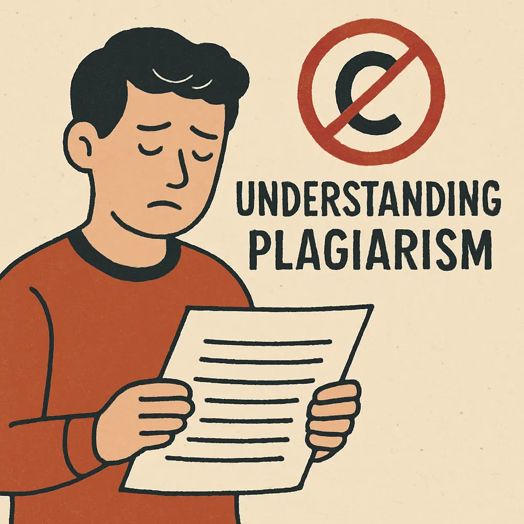 Illustration showing different types of plagiarism such as direct, self, and mosaic plagiarism.