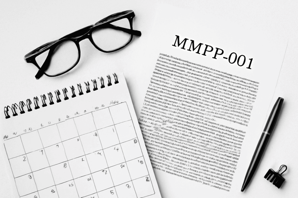 A clean, organized flat lay image featuring a spiral-bound calendar, MMPP-001 report, eyeglasses, a pen, and a binder clip, arranged on a white textured surface, with a monochrome color scheme.
